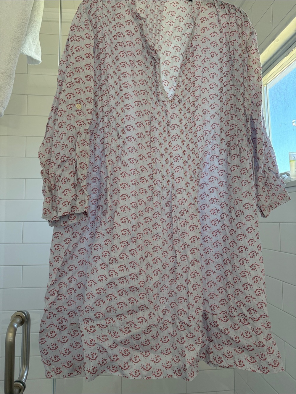 CPShades linen Long-Sleeve pale blue Dress with Red Floral Motif